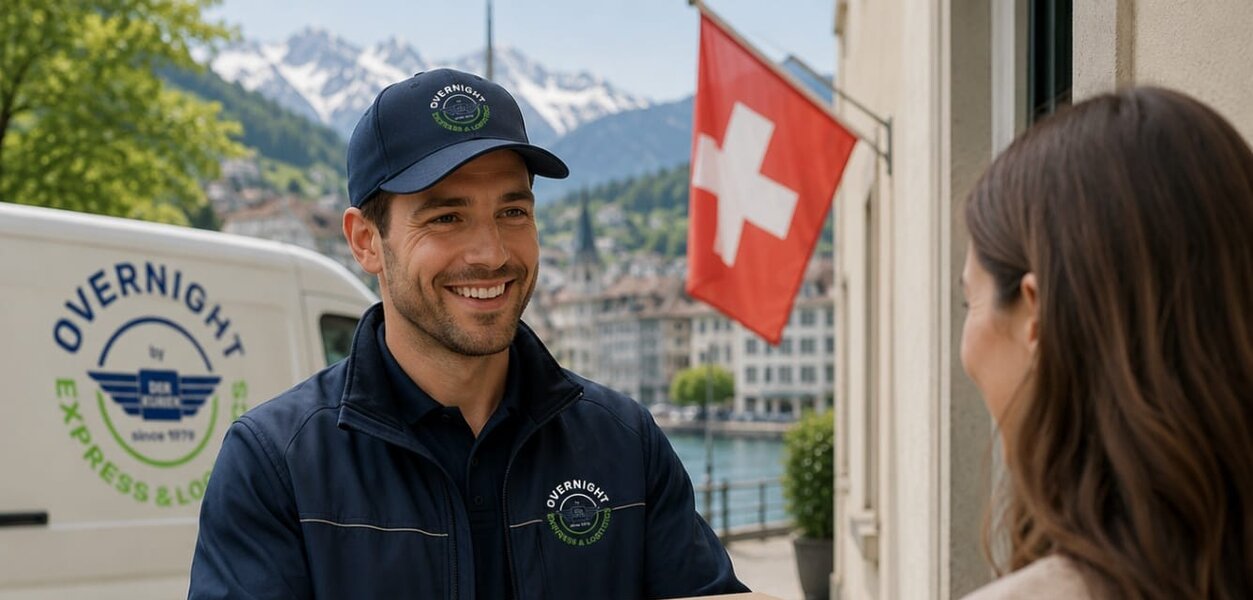 Kurier übergibt Paket an Empfänger für internationalen B2B-Versand in die Schweiz