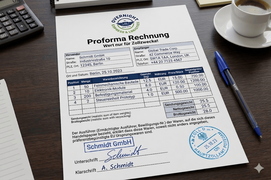 Proforma-Rechnung Zoll Vorlage ausgefüllt Proforma-Rechnung Zoll Vorlage ausgefüllt