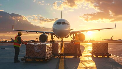 Luftfracht-Verladung am Flugzeug bei Sonnenuntergang