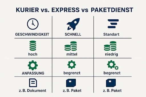 Gegenüberstellung der Merkmale von Kurier-, Express- und Paketdiensten in der Logistik.