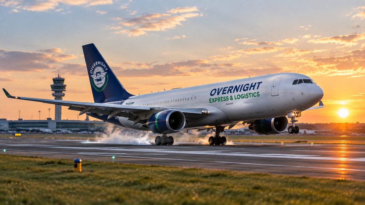 Frachtflugzeug von Overnight Express & Logistics beim Start im Abendlicht