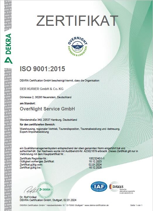 Zertifikat für ISO 9001:2015 von DEKRA für die DER KURIER GmbH & Co. KG, Standort OverNight Service GmbH, Hamburg, bescheinigt Qualität im Bereich Logistik und Vertrieb.
